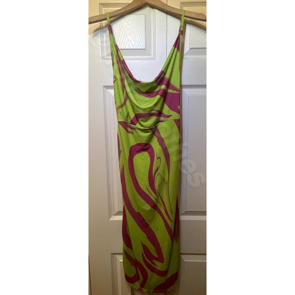 Nasty Gal Lime Green & Hot Pink Marble Print Ruched Cowl Neck Dress NWT - Picture 5 of 14